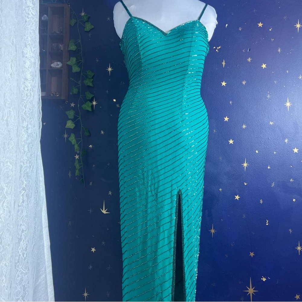 Vintage teal blue green silk beaded dress small